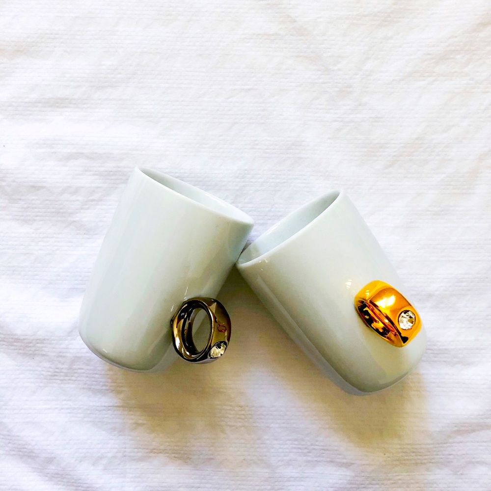 Floyd White Ceramic Coffee Mug Set of 2 Faux Diamond Gold Platinum Ring Handle